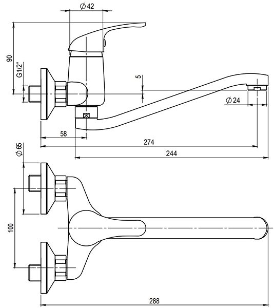 Tap JB Sanitary Slim Wall-mounted sink mixer, flat handle S 250 mm, 100 mm, chrome, A103020 ...