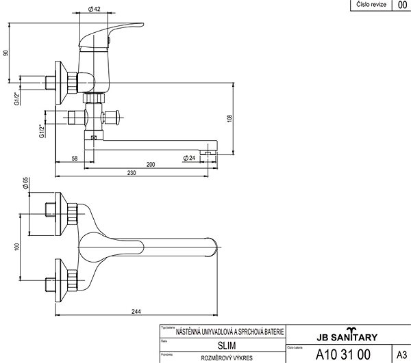 Tap JB Sanitary Slim Bathroom wall-mounted mixer, flat arm 200 mm, A103100 ...