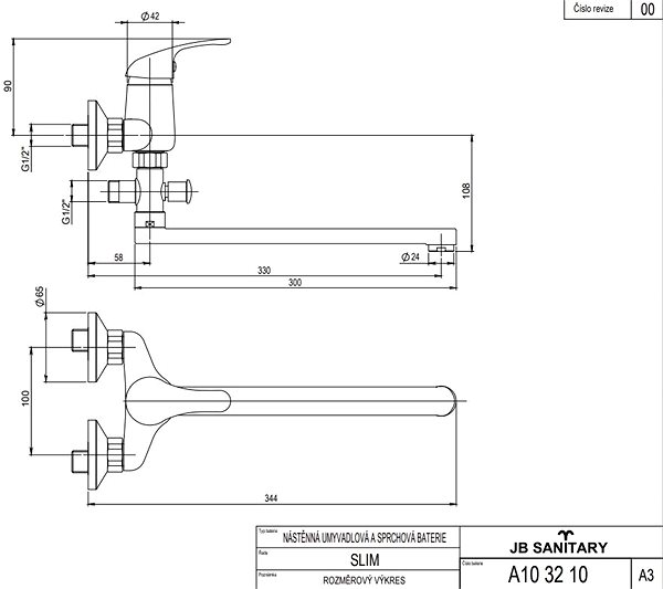 Tap JB Sanitary Slim Bathroom wall-mounted mixer, flat arm 300 mm, A103210 ...