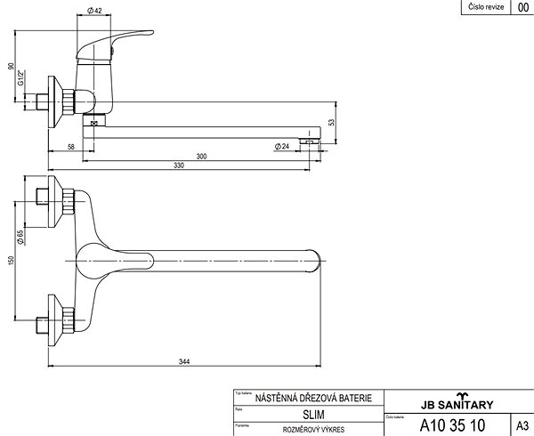 Tap JB Sanitary Slim Wall-mounted sink mixer, flat handle 300 mm, 150 mm, chrome, A103510 ...