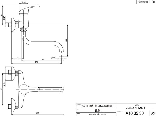 Tap JB Sanitary Slim Wall-mounted sink mixer with T-handle 200 mm, 150 mm, chrome, A103530 ...