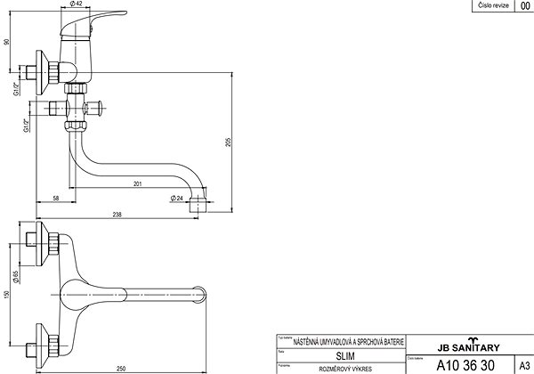 Tap JB Sanitary Slim Bathroom wall-mounted mixer, T-handle 200 mm, A103630 ...