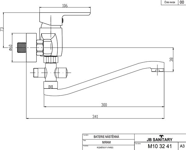Tap JB Sanitary Miram Bathroom wall-mounted mixer, flat core with rotary switch, M103241 ...