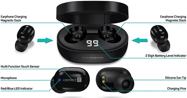 Vezeték nélküli fül-/fejhallgató CONNECT IT True Wireless SensorTouch Black Jellemzők/technológia