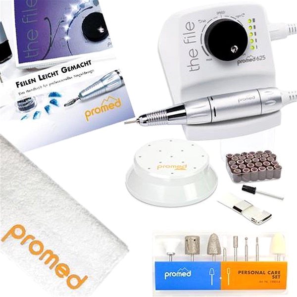 Elektrický pilník PROMED Profesionální bruska na nehty 625 Deluxe s příslušenstvím stříbrná ...