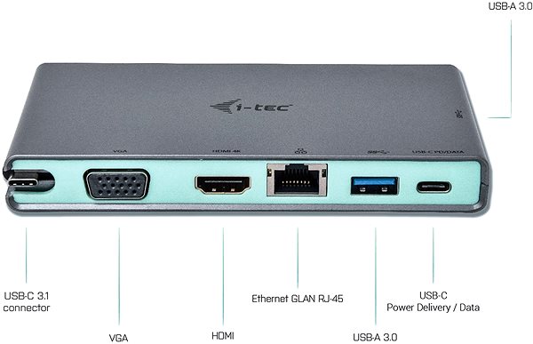 Port Replicator I-TEC USB-C Travel Dock 4K HDMI or VGA Connectivity (ports)