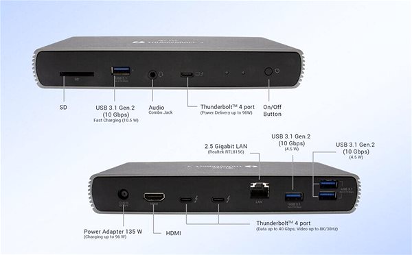 Dokkoló állomás i-tec Thunderbolt 4 Dual Display Docking Station, Power Delivery 96W Csatlakozási lehetőségek (portok)