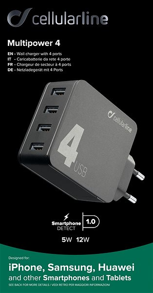 AC Adapter Cellularline Multipower 4 with Smartphone Detect Technology 4 x USB Port 42W Black Features/technology