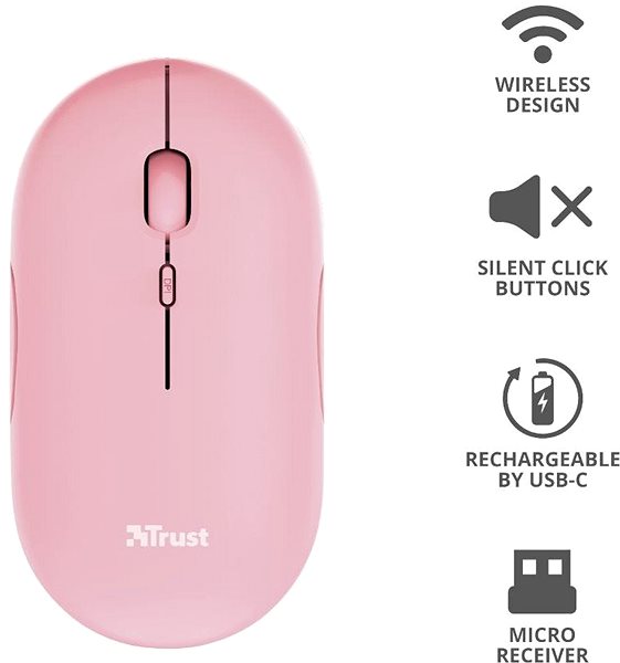 Mouse TRUST Puck Wireless Mouse, Pink Features/technology