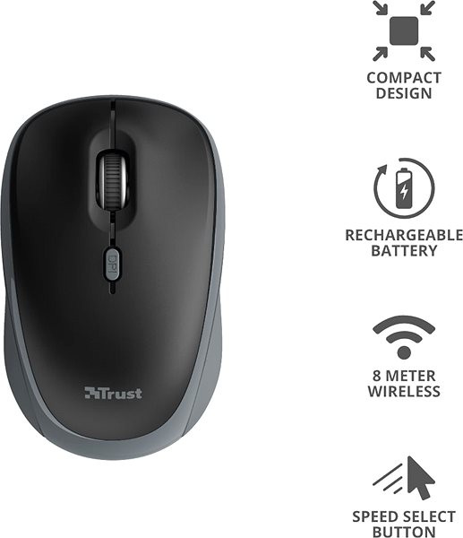Mouse TRUST Yvi Rechargeable Mouse, Black Features/technology