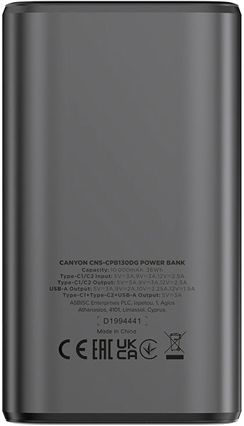 Power Bank Canyon PB-130, 10000 mAh, PD 30W, TFT display, dark grey ...