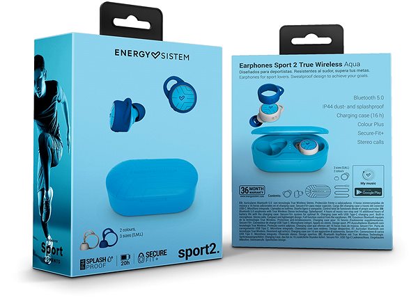 Wireless Headphones Energy System Earphones Sport 2 True Wireless, Aqua Packaging/box