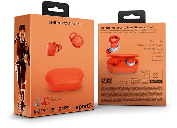 Wireless Headphones Energy System Earphones Sport 2 True Wireless, Carrot Packaging/box