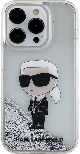 Handyhülle Karl Lagerfeld Liquid Glitter Karl and Choupette Head Back Cover für iPhone 15 Pro Silber ...