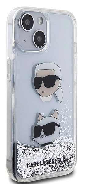 Handyhülle Karl Lagerfeld Liquid Glitter Karl and Choupette Head Back Cover für iPhone 15 Silber ...