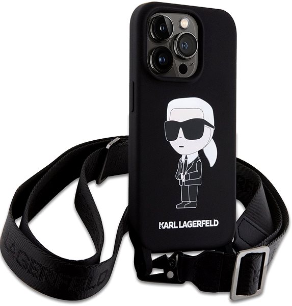 Telefon tok Karl Lagerfeld Liquid Silicone Crossbody Ikonik iPhone 15 Pro fekete tok ...