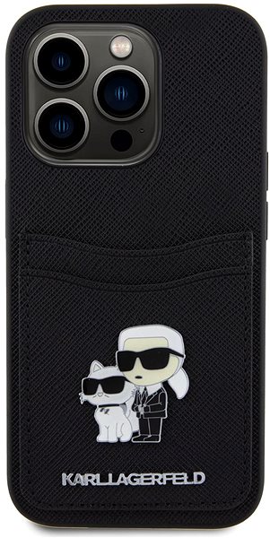 Handyhülle Karl Lagerfeld PU Saffiano Card Slot Metal Karl and Choupette Back Cover für iPhone 15 Pr ...