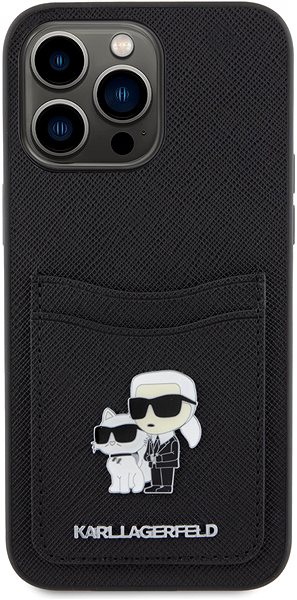 Handyhülle Karl Lagerfeld PU Saffiano Card Slot Metal Karl and Choupette Back Cover für iPhone 15 Pr ...