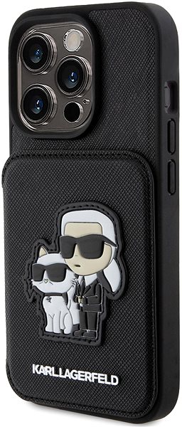Handyhülle Karl Lagerfeld PU Saffiano Card Slot Stand Karl and Choupette Back Cover für iPhone 15 Pro sch ...