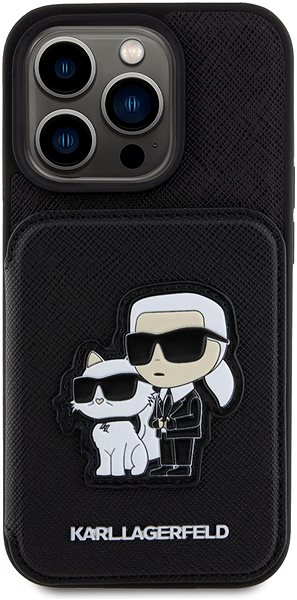 Handyhülle Karl Lagerfeld PU Saffiano Card Slot Stand Karl and Choupette Back Cover für iPhone 15 Pro sch ...