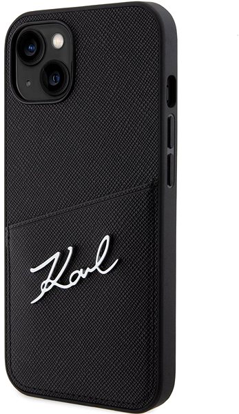 Telefon tok Karl Lagerfeld Saffiano Card Slot Metal Signature iPhone 14 fekete hátlap tok ...