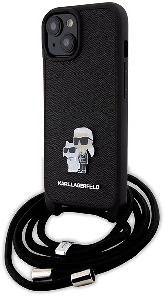 Kryt na mobil Karl Lagerfeld Saffiano Nylon Crossbody Metal Karl and Choupette Zadný Kryt na iPhone 15 Black ...