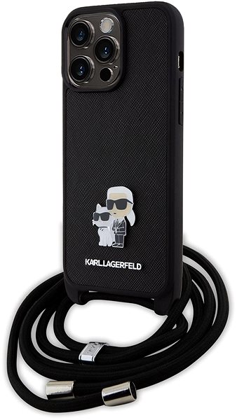 Handyhülle Karl Lagerfeld Saffiano Nylon Crossbody Metal Karl and Choupette Back Cover für iPhone 15 Pro Max Bl ...