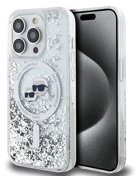 Handyhülle Karl Lagerfeld Liquid Glitter Karl and Choupette Heads MagSafe Backcover für das iPhone 13 Pro Max Tran ...
