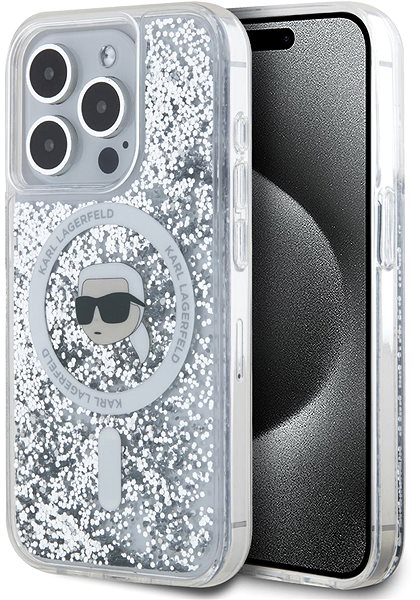 Handyhülle Karl Lagerfeld Liquid Glitter Karl Head MagSafe Backcover für das iPhone 15 Pro Max Transparent ...