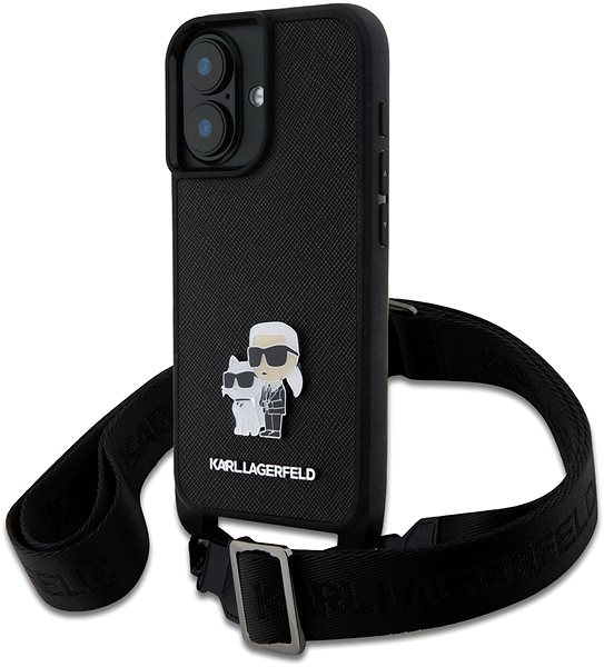 Handyhülle Karl Lagerfeld Saffiano Crossbody Strap Metall Karl and Choupette Back Cover für iPhone 16 Black ...