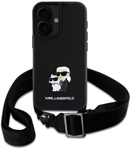 Handyhülle Karl Lagerfeld Saffiano Crossbody Strap Metall Karl and Choupette Back Cover für iPhone 16 Black ...