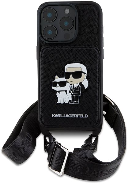 Handyhülle Karl Lagerfeld Saffiano Crossbody Strap Karl und Choupette Hülle für iPhone 16 Pro Black ...