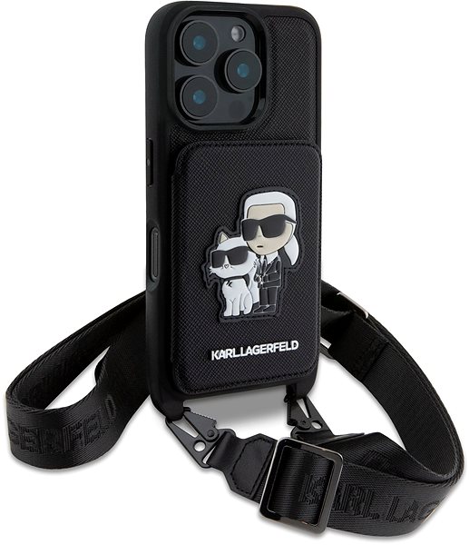 Handyhülle Karl Lagerfeld Saffiano Crossbody Strap Karl und Choupette Hülle für iPhone 16 Pro Black ...