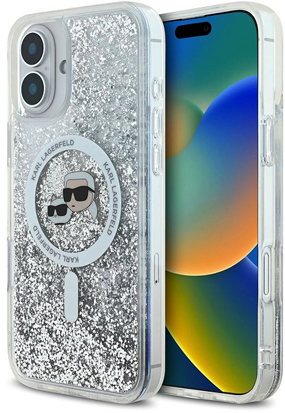 Handyhülle Karl Lagerfeld Liquid Glitter Karl and Choupette Heads MagSafe Back Cover für iPhone 16 Transparent ...