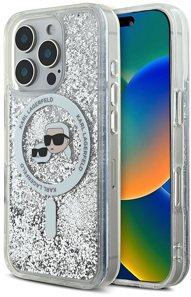 Handyhülle Karl Lagerfeld Liquid Glitter Karl und Choupette Heads MagSafe Rückabdeckung für iPhone 16 Pro Max Tran ...