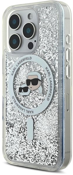 Handyhülle Karl Lagerfeld Liquid Glitter Karl und Choupette Heads MagSafe Rückabdeckung für iPhone 16 Pro Max Tran ...