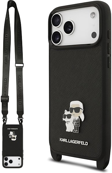 Handyhülle Karl Lagerfeld Saffiano Crossbody Strap Metall Karl und Choupette Back Cover für iPhone 17 Pro Schwa ...