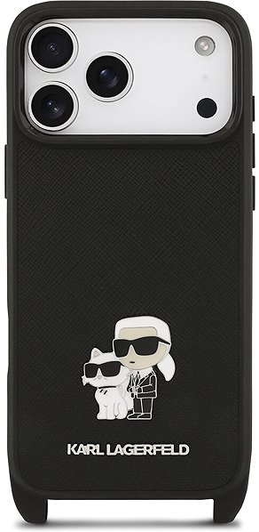 Handyhülle Karl Lagerfeld Saffiano Crossbody Strap Metall Karl und Choupette Back Cover für iPhone 17 Pro Schwa ...