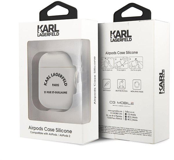 Fülhallgató tok Karl Lagerfeld Rue St Guillaume szilikon tok Airpods 1/2 készülékhez fehér Csomagolás/doboz