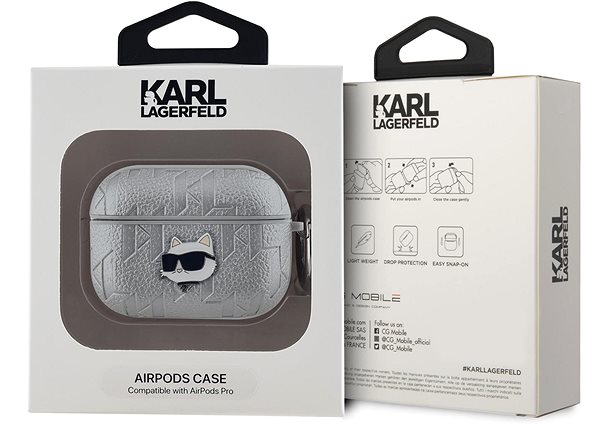 Puzdro na slúchadlá Karl Lagerfeld PU Embossed Choupette Head Puzdro na AirPods Pro Silver ...