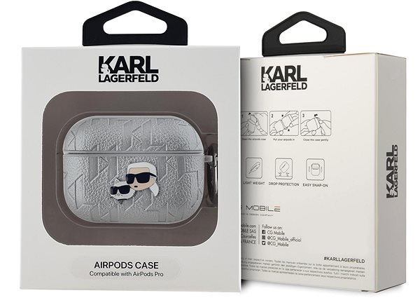Fülhallgató tok Karl Lagerfeld Embossed Karl and Choupette Heads AirPods Pro ezüst PU tok ...
