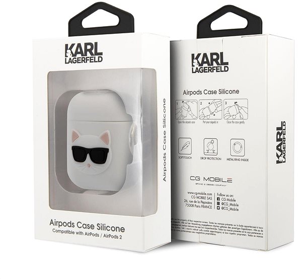 Puzdro na slúchadlá Karl Lagerfeld Choupette Head Silikónové Puzdro pre Airpods 1/2 White Obal/škatuľka