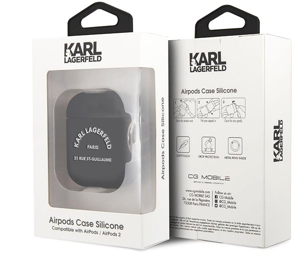 Fülhallgató tok Karl Lagerfeld Rue St Guillaume szilikon tok Airpods 1/2 készülékhez fekete Csomagolás/doboz