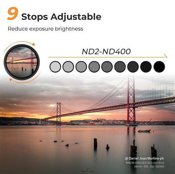 ND-FIlter K&F Concept Nano-X Slim Variabler Filter ND2-400 - 55 mm + 2 Tücher ...