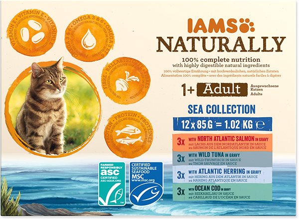 Kapsička pre mačky IAMS Naturally pre dospelé mačky s mäsom z morských rýb v omáčke 12 × 85 g ...