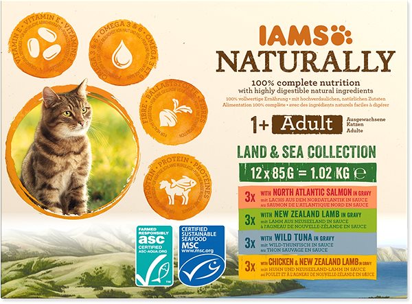 Kapsička pre mačky IAMS Naturally pre dospelé mačky s jahňacím, tuniakovým, lososovým a kuracím mäsom v omáčke 12 × 85 g ...