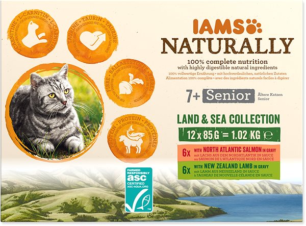 Kapsička pre mačky IAMS Naturally pre mačacích seniorov s jahňacím a lososovým mäsom v omáčke 12 × 85 g ...
