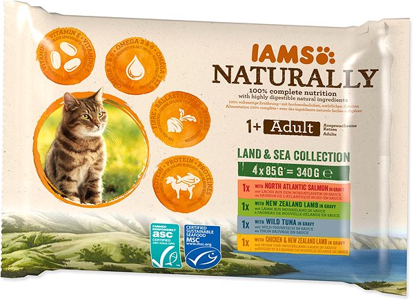 Kapsička pre mačky IAMS Naturally morské a suchozemské mäso v omáčke multipack 4× 85 g ...