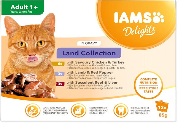 Kapsička pre mačky IAMS Delights pre dospelé mačky s hydinovým, jahňacím a hovädzím mäsom v omáčke 12× 85 g ...