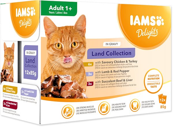 Kapsička pre mačky IAMS Delights pre dospelé mačky s hydinovým, jahňacím a hovädzím mäsom v omáčke 12× 85 g ...
